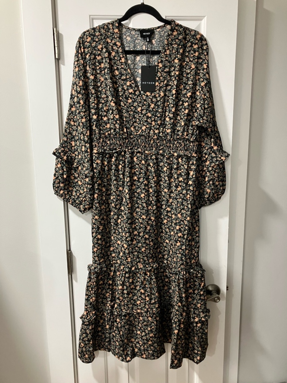 Heyson Black Floral Smocked Midi Dress with Puff Sleeves